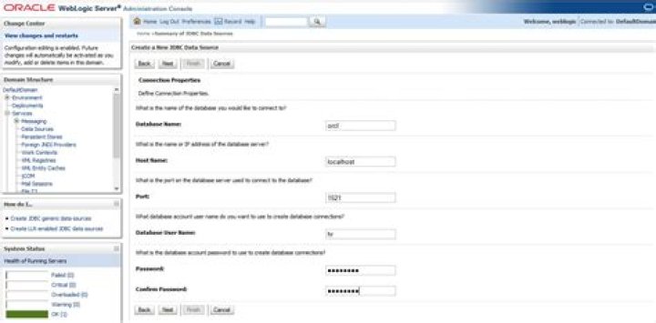 How do I create a datasource in WebLogic console?