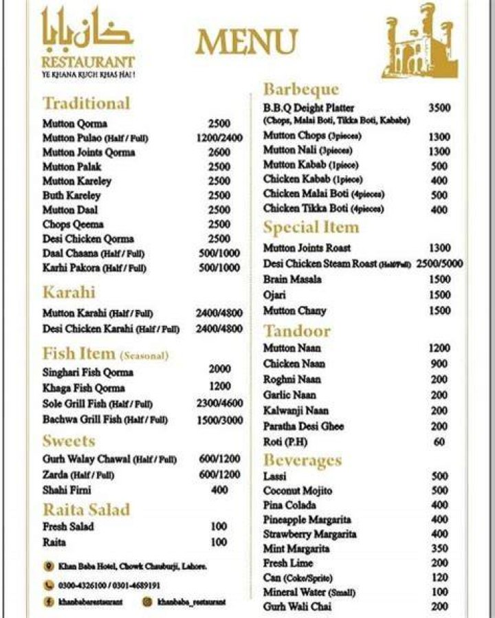 Menu at Khan Baba's Pitlochry restaurant, Pitlochry