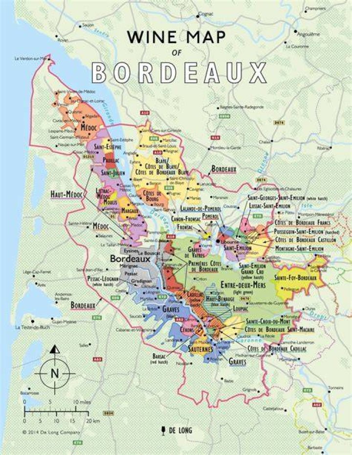 Wine map of Bordeaux area, France. Wine map, Bordeaux wine region